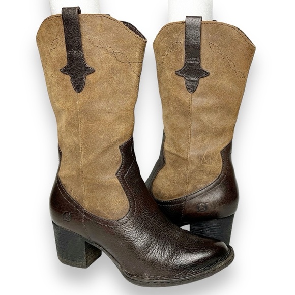 Born Sonoma Brown and Tan leather Heeled cowboy Boots - Picture 1 of 12
